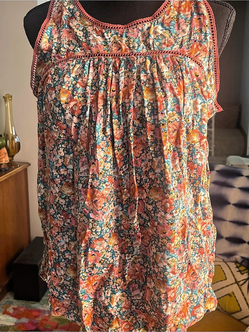 maurices Floral Crochet Trim Tank Top Orange & Blue Large NWT